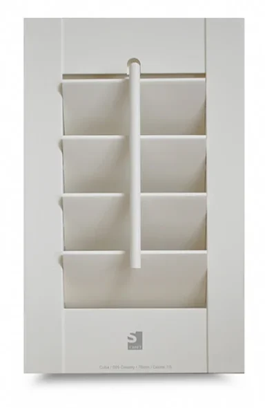 View Shutter Rod Gallery White cabinet door with six horizontal slats and a central handle.