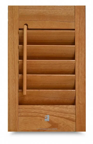 View Shutter Details Gallery Wooden shutter panel with vertical slats and a horizontal rod for adjustment.