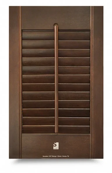 View Dark Wood Gallery Brown wooden shutter with horizontal slats, featuring a central vertical divider.